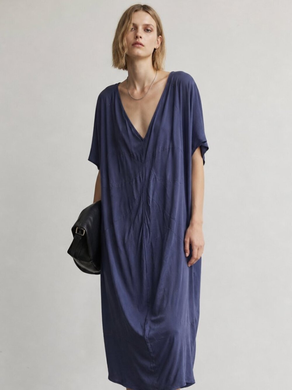Acne Studios 100% Cupro Drapey Semi-Sheer Short Sleeve VNeck Dress Blue EU40/US8